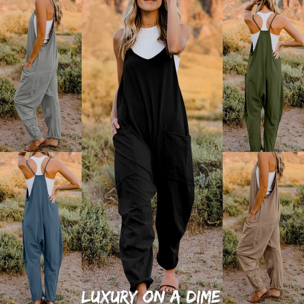 Oversized Hippie V-Neck Sleeveless Wide Leg Pant Pocket Jumpsuit Outfit Bohemian - Picture 10 of 10